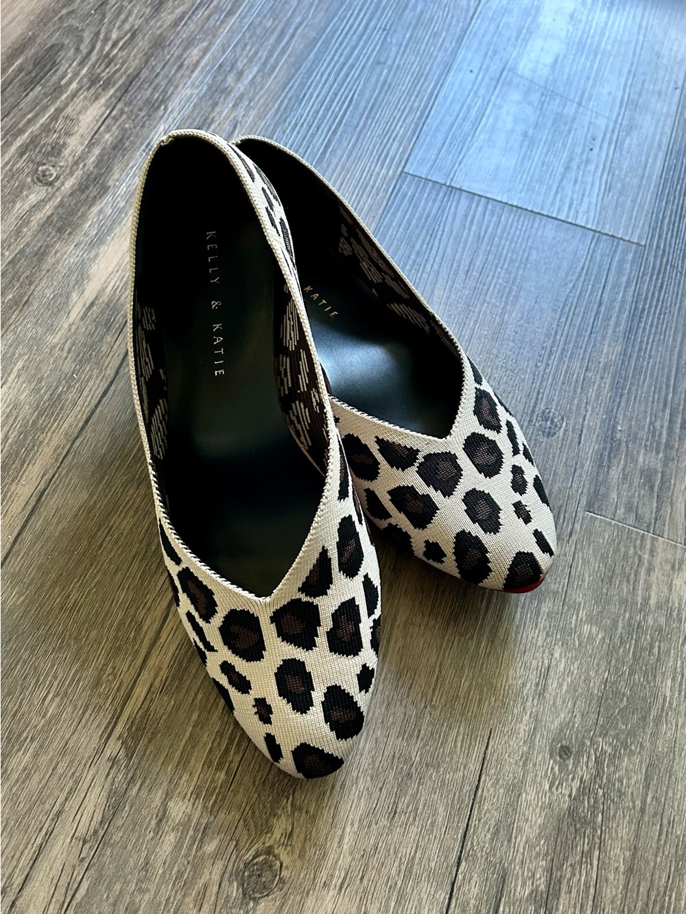 Kelly & Katie Leopard Print Pointed-Toe Knit Flats in Beige and Black